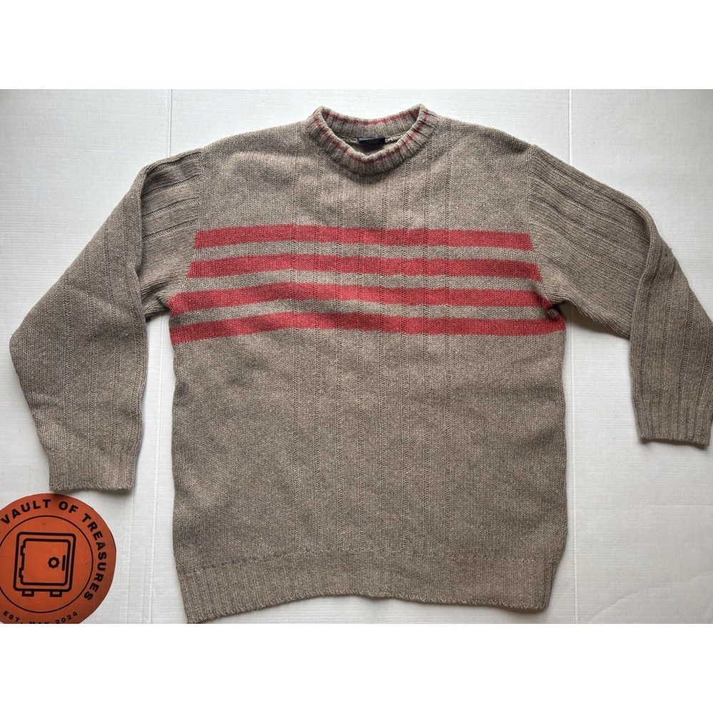 Steve & Barry Men XL Wool Blend Ribbed Striped Crewneck Sweater Tan Red Pullover